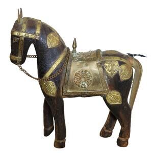 Vintage Hand Carved Marwari War Horse Figurine - Brass Armored Metal Detail